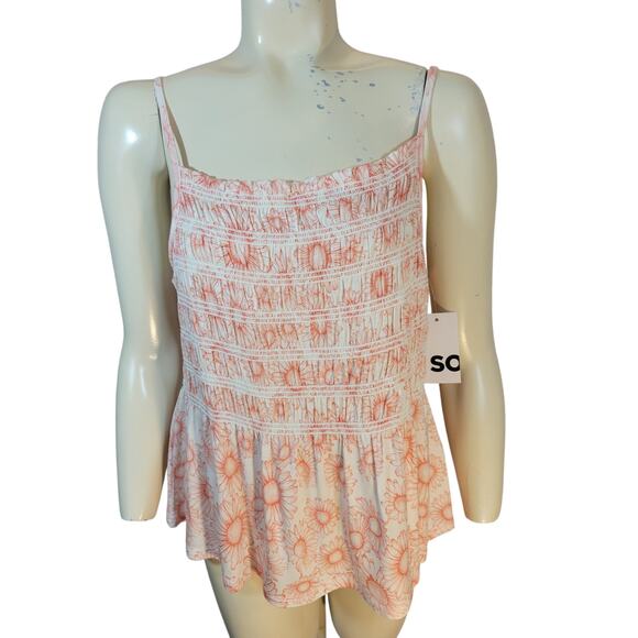 NEW SO 90s Cami Slip Top Peach Floral Print Ruffle Smocked Junior's Size 2XL - Picture 1 of 10